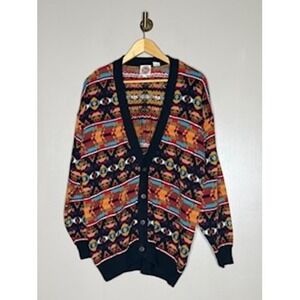 Vintage Saks Fifth Avenue Real Clothes Geometric Tribal Knit Cardigan Sweater M